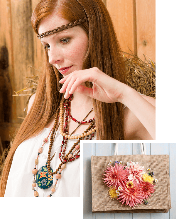 A woman with long red hair wears layered beaded necklaces and a braided headband. Inset: A burlap bag decorated with large fabric flowers.