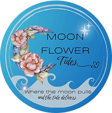 A circular blue logo with a floral crescent moon, text reading "MOON FLOWER Tides," and a tagline: "where the moon pulls and the tide delivers.