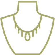 Outline drawing of a necklace with a central pendant and several smaller hanging elements displayed on a necklace stand.