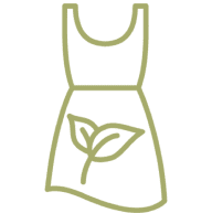 Outline of a sleeveless dress with a leaf symbol on the skirt, depicted in light green lines on a transparent background.
