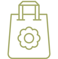 Outline of a tote bag with two handles and a flower emblem in the center.